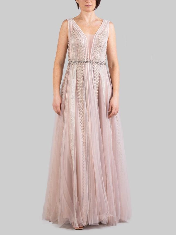 ABITO LUNGO ROSA DECORATO CON RICAMI E STRASS