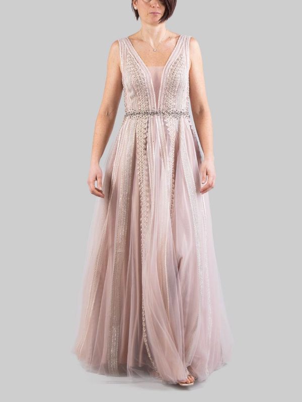 ABITO LUNGO ROSA DECORATO CON RICAMI E STRASS