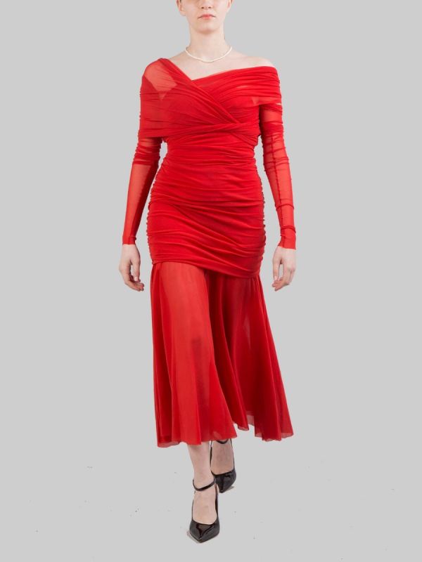 ABITO LUNGO ROSSO IN TULLE ELASTICIZZATO