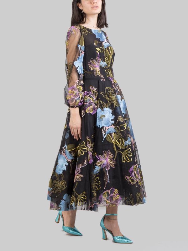 ABITO MIDI A FANTASIA SU FONDO NERO CON FIORI RICAMATI E PAILLETTES
