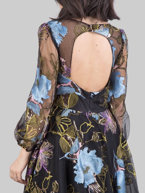 ABITO MIDI A FANTASIA SU FONDO NERO CON FIORI RICAMATI E PAILLETTES