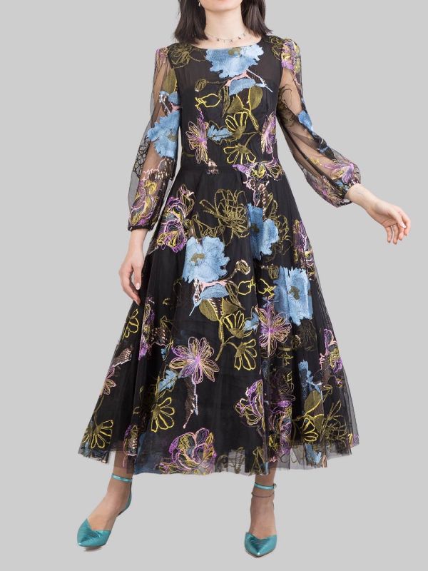 ABITO MIDI A FANTASIA SU FONDO NERO CON FIORI RICAMATI E PAILLETTES