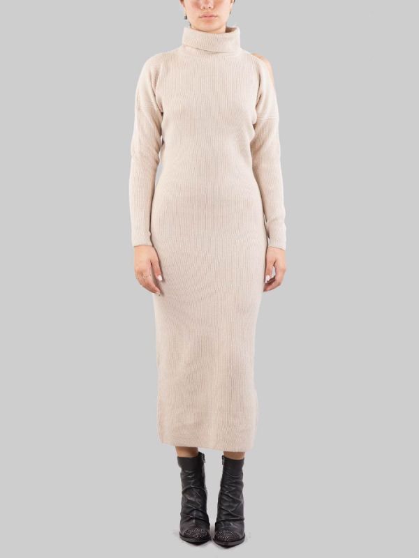 ABITO MIDI BEIGE A COSTINE CON COLLO ALTO E APERTURA SULLA SPALLA