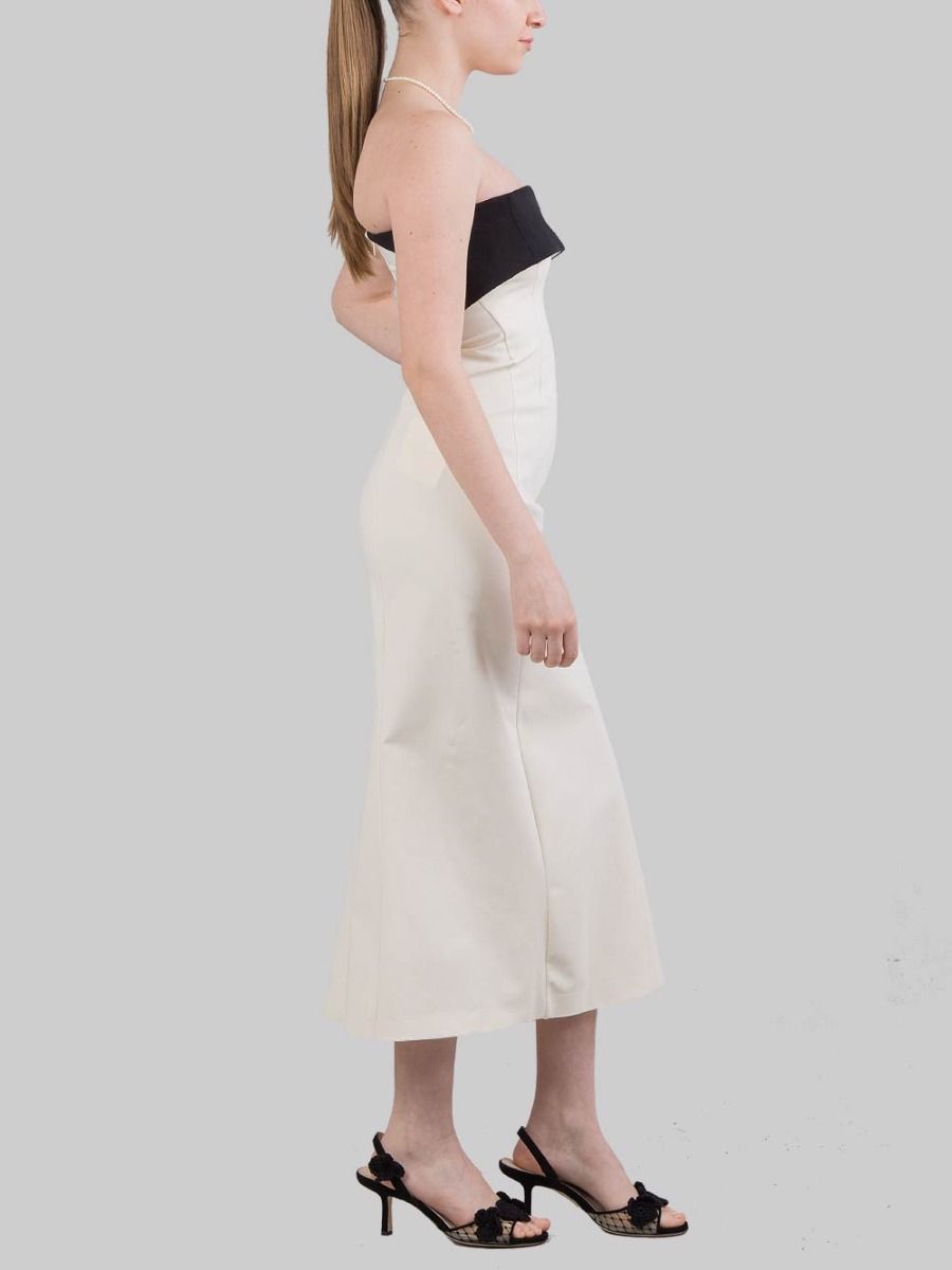 ABITO MIDI BUSTIER IN COTONE AVORIO CON RISVOLTO A CONTRASTO