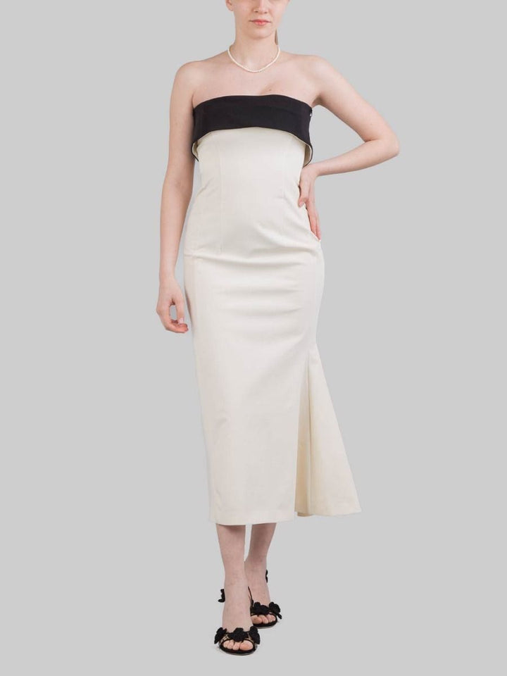 ABITO MIDI BUSTIER IN COTONE AVORIO CON RISVOLTO A CONTRASTO