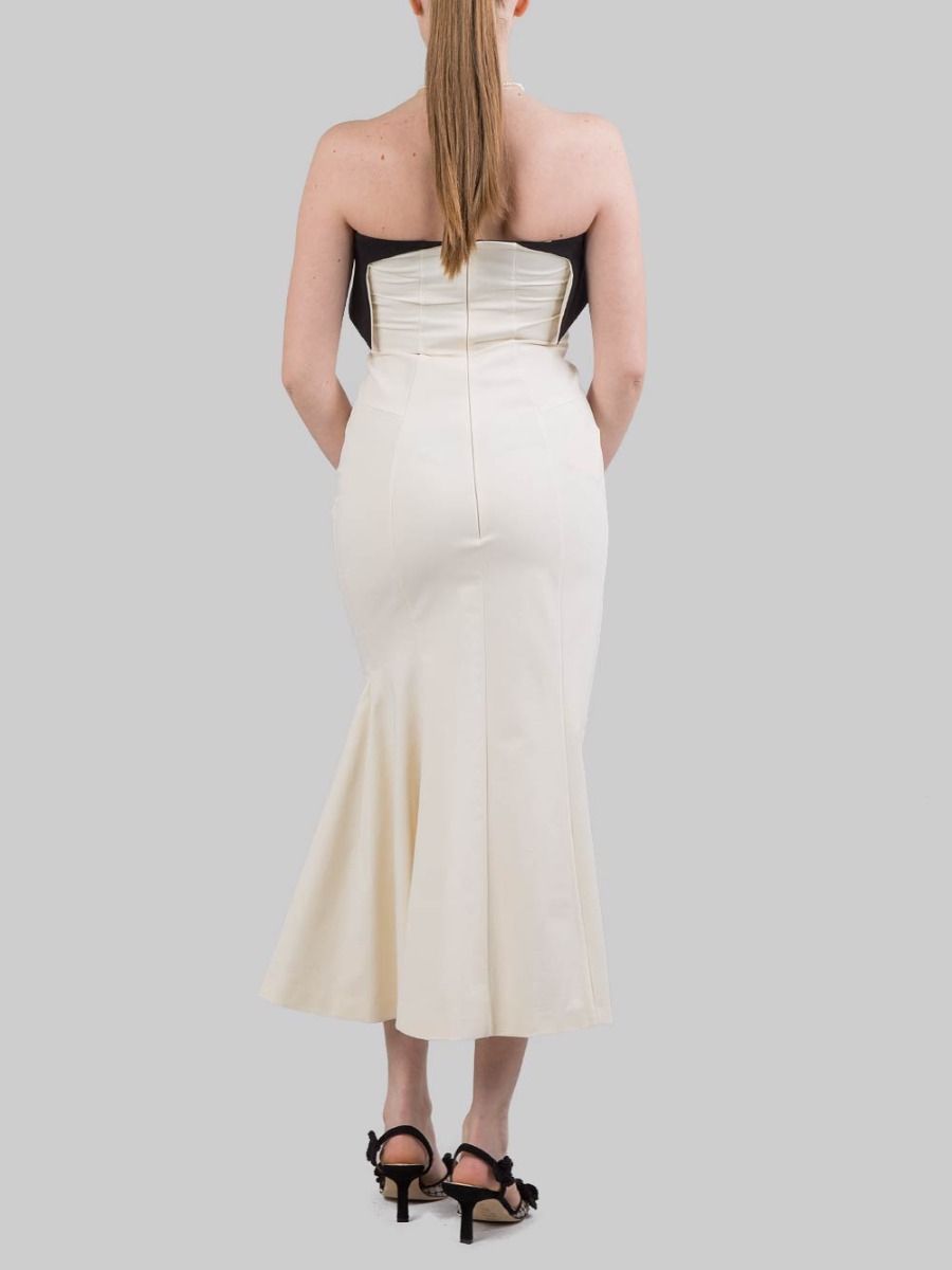 ABITO MIDI BUSTIER IN COTONE AVORIO CON RISVOLTO A CONTRASTO