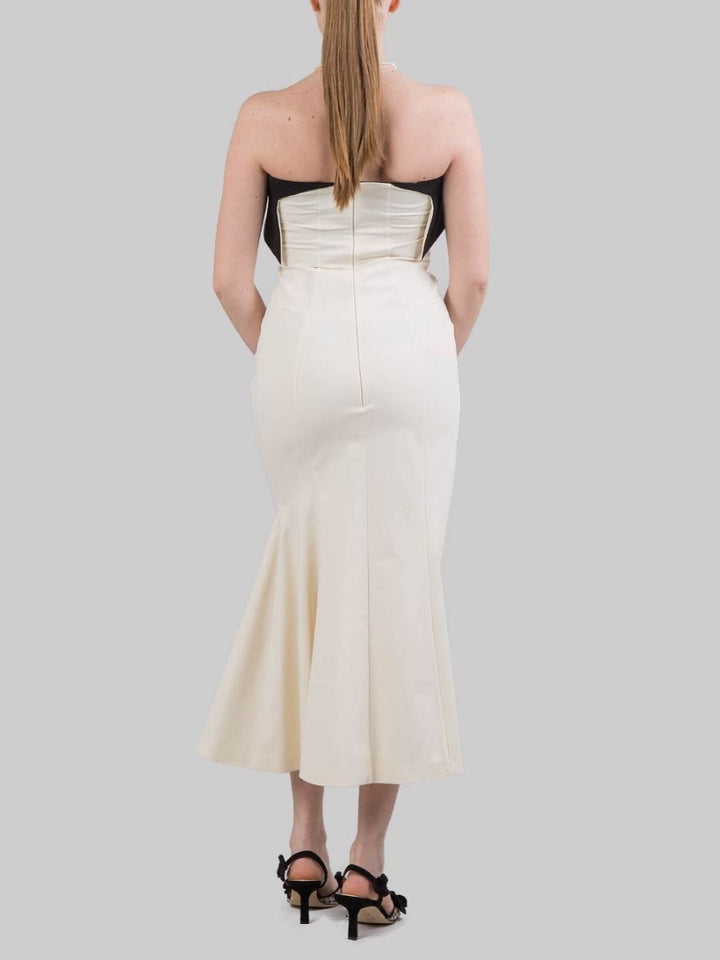 ABITO MIDI BUSTIER IN COTONE AVORIO CON RISVOLTO A CONTRASTO