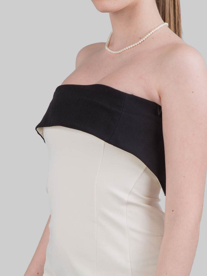 ABITO MIDI BUSTIER IN COTONE AVORIO CON RISVOLTO A CONTRASTO