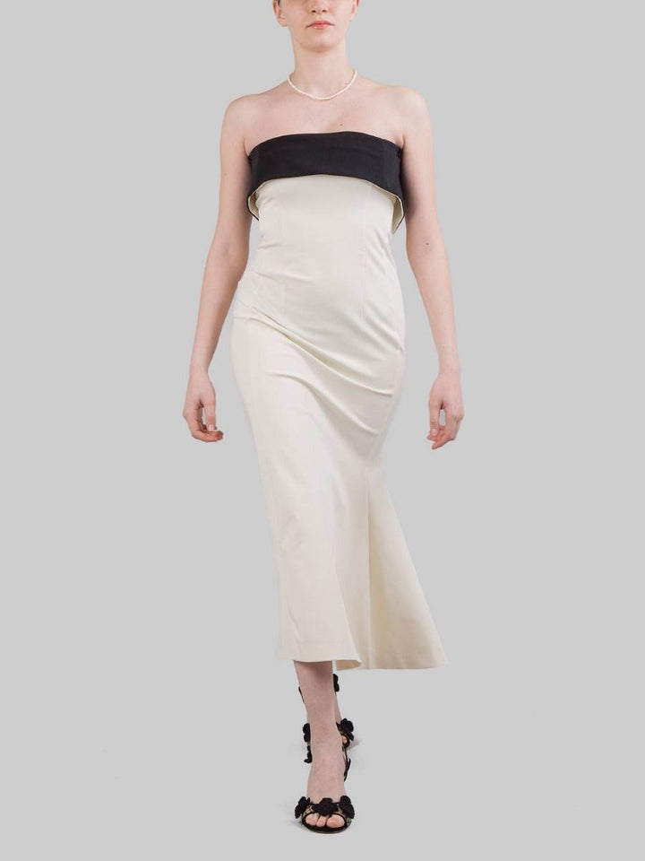 ABITO MIDI BUSTIER IN COTONE AVORIO CON RISVOLTO A CONTRASTO
