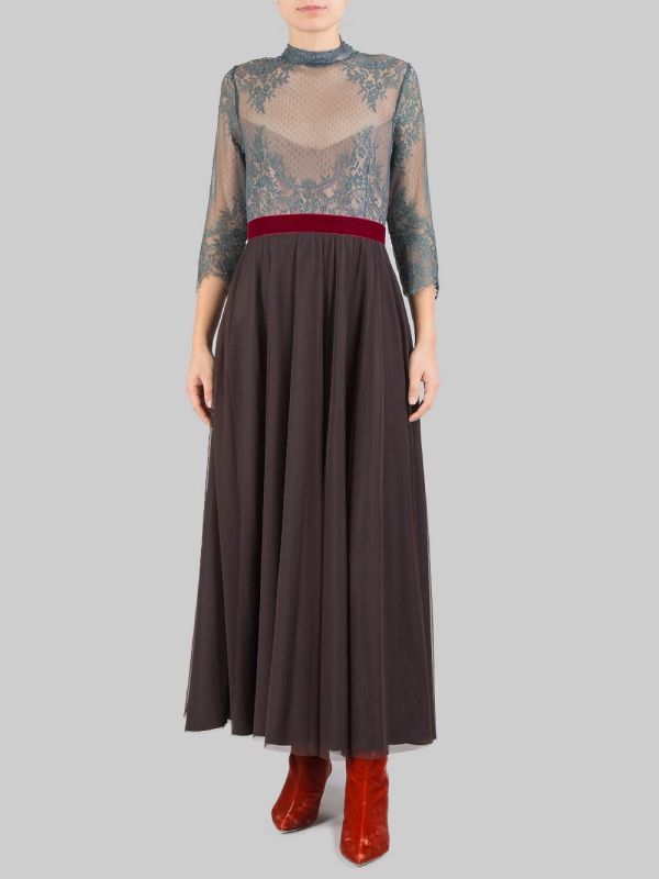 ABITO MIDI IN PIZZO VERDE SALVIA E GONNA IN TULLE MARRONE CON CINTURA IN VELLUTO