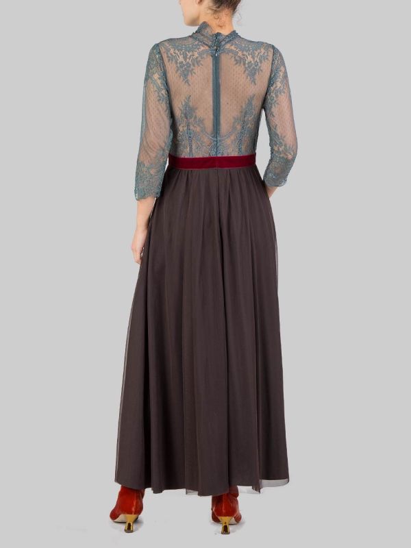 ABITO MIDI IN PIZZO VERDE SALVIA E GONNA IN TULLE MARRONE CON CINTURA IN VELLUTO