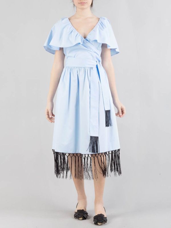 CROSSED COTTON MIDI DRESS WITH FRINGES