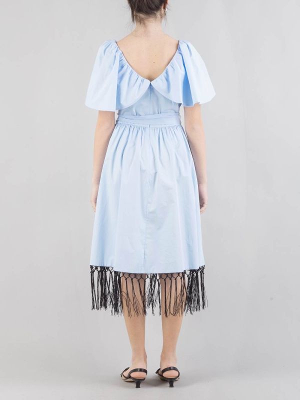 CROSSED COTTON MIDI DRESS WITH FRINGES