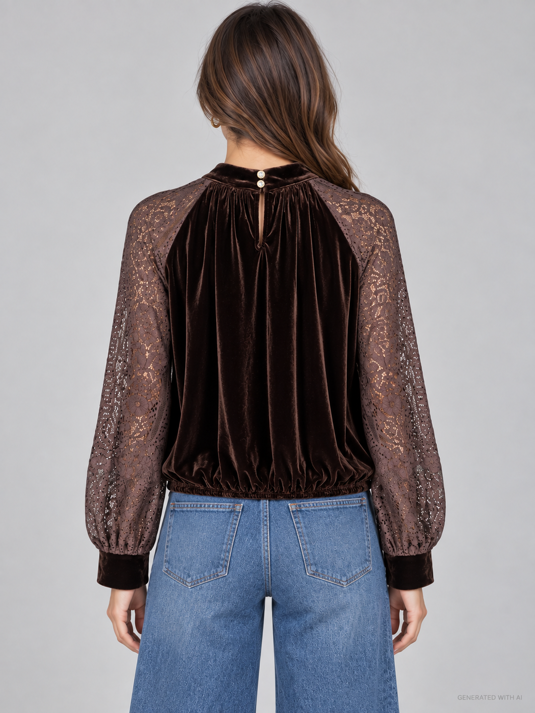 Blusa in velluto con maniche in pizzo