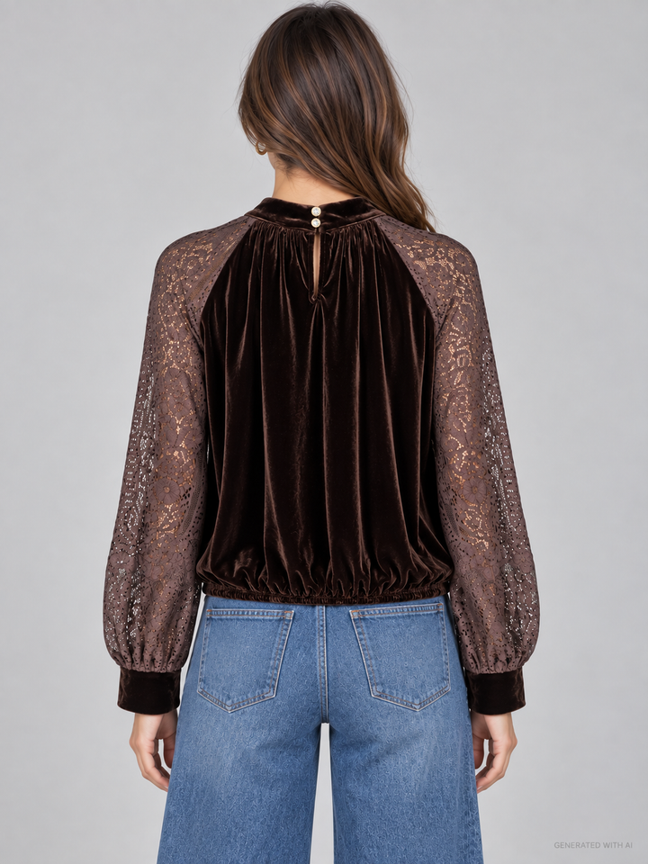 Blusa in velluto con maniche in pizzo