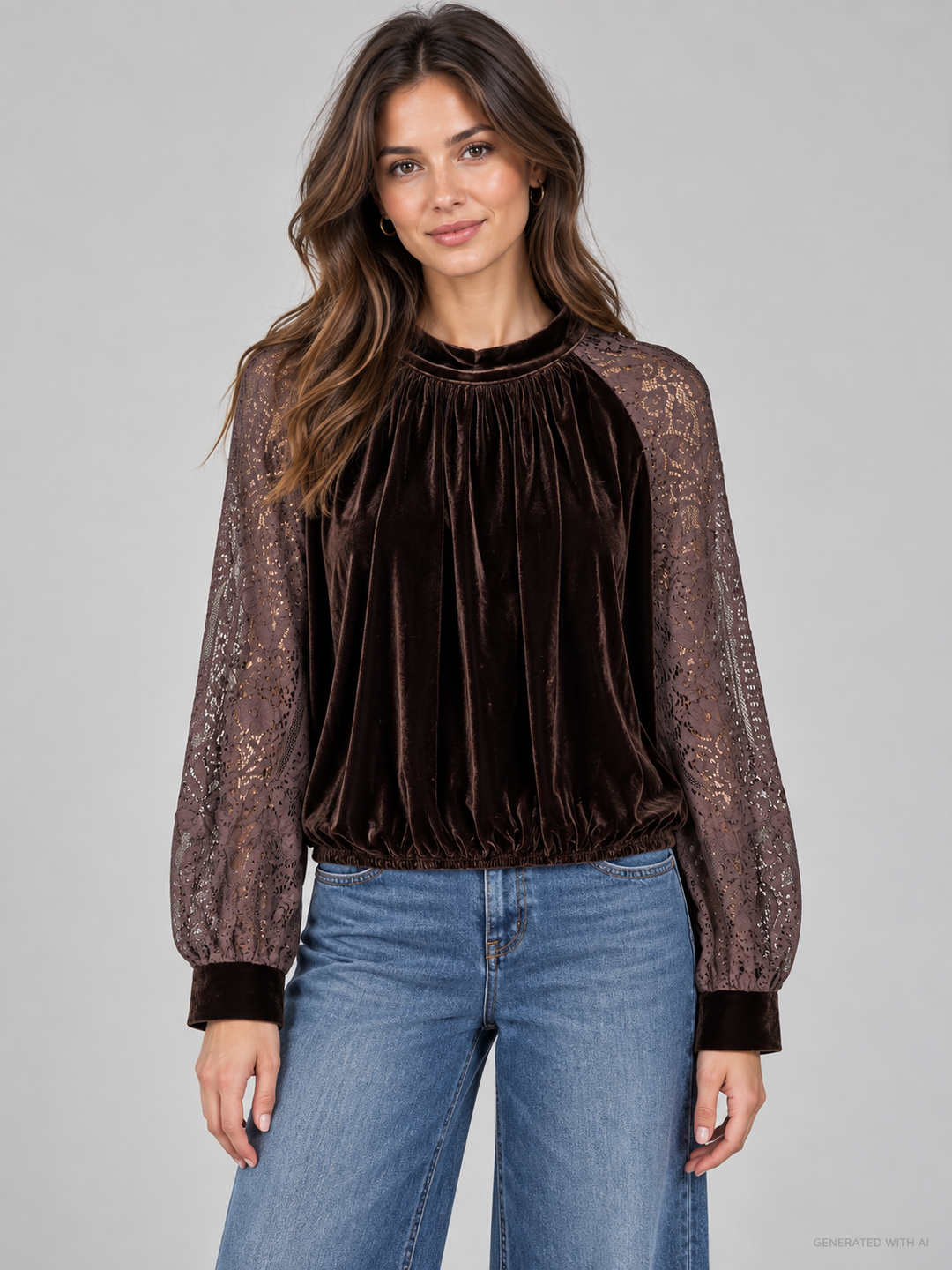 Blusa in velluto con maniche in pizzo