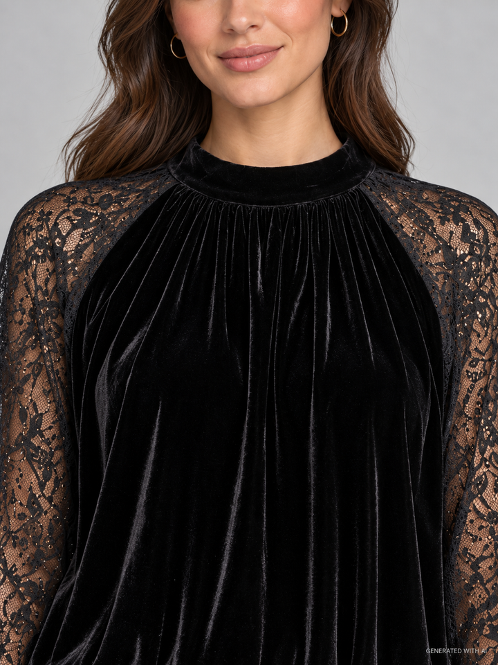 Blusa in velluto con maniche in pizzo