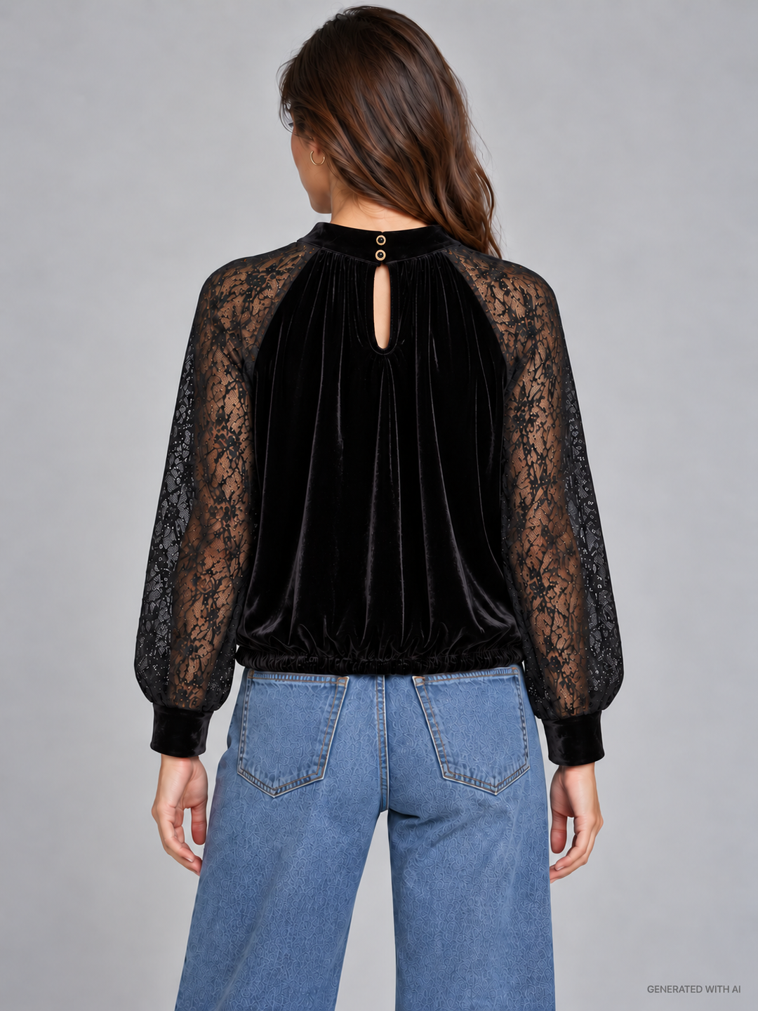 Blusa in velluto con maniche in pizzo