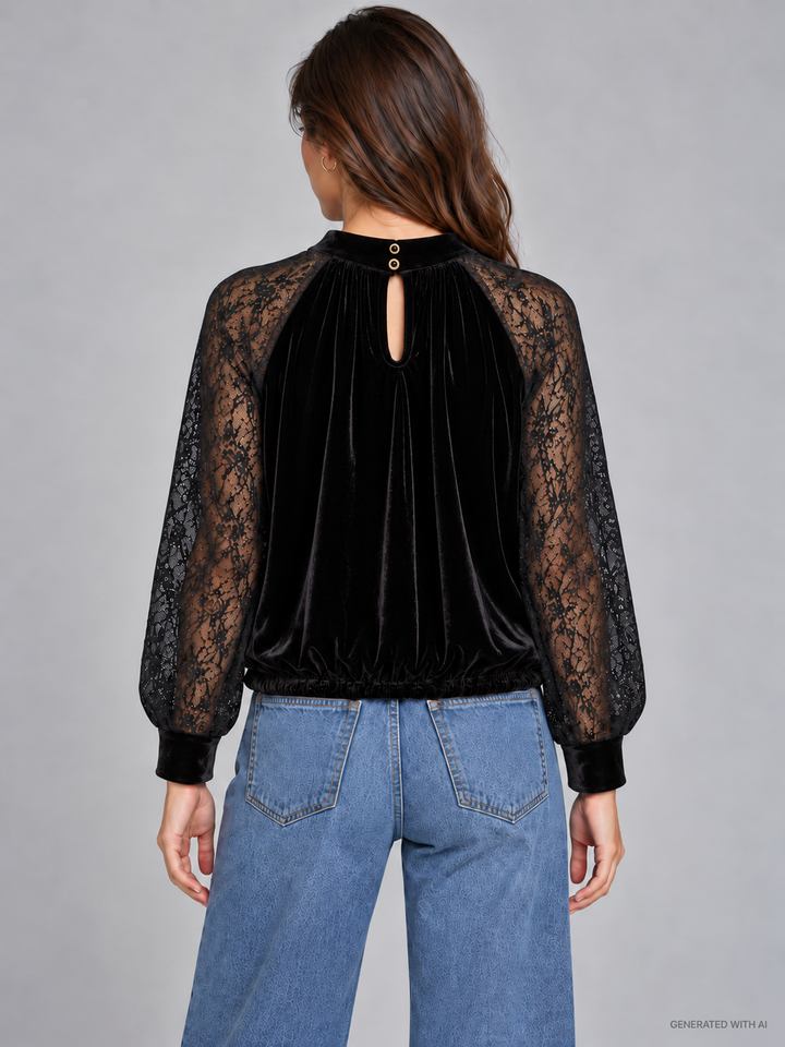 Blusa in velluto con maniche in pizzo