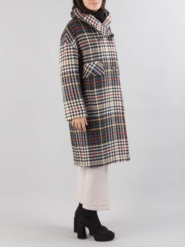 MULTICOLOURED DOUBLE BREASTED OVERCOAT WITH HOOD