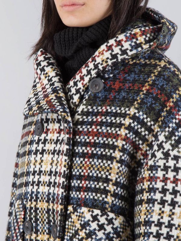 MULTICOLOURED DOUBLE BREASTED OVERCOAT WITH HOOD