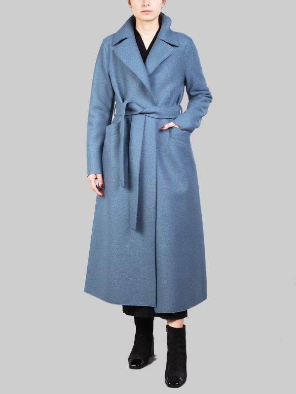 LONG PETROL BLUE "DRESSING GOWN" COAT IN PRESSED VIRGIN WOOL WITH BELT