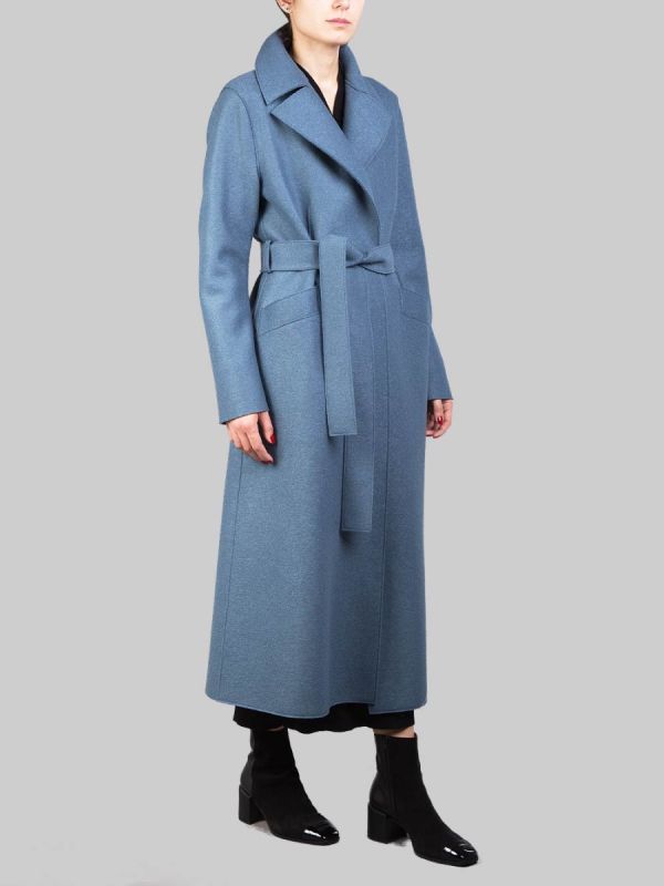 LONG PETROL BLUE "DRESSING GOWN" COAT IN PRESSED VIRGIN WOOL WITH BELT