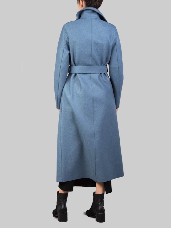 LONG PETROL BLUE "DRESSING GOWN" COAT IN PRESSED VIRGIN WOOL WITH BELT