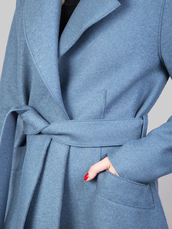 LONG PETROL BLUE "DRESSING GOWN" COAT IN PRESSED VIRGIN WOOL WITH BELT