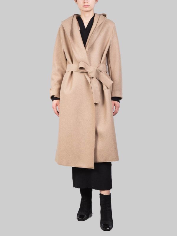 CAPPOTTO LUNGO CAMMELLO "A VESTAGLIA" IN LANA VERGINE PRESSATA CON CINTURA