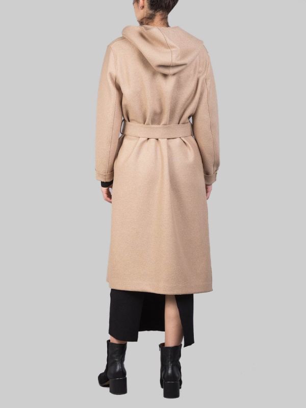 CAPPOTTO LUNGO CAMMELLO "A VESTAGLIA" IN LANA VERGINE PRESSATA CON CINTURA