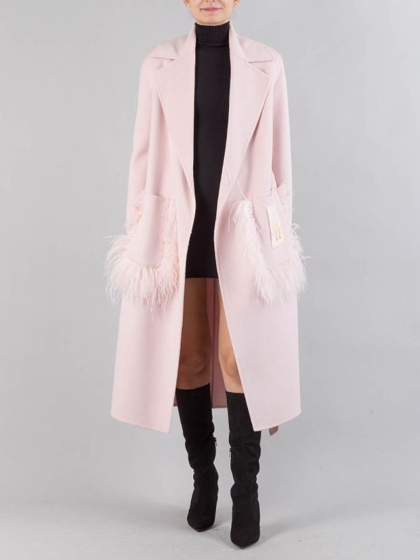CAPPOTTO LUNGO IN LANA ROSA CON TASCHE PROFILATE DI PIUME