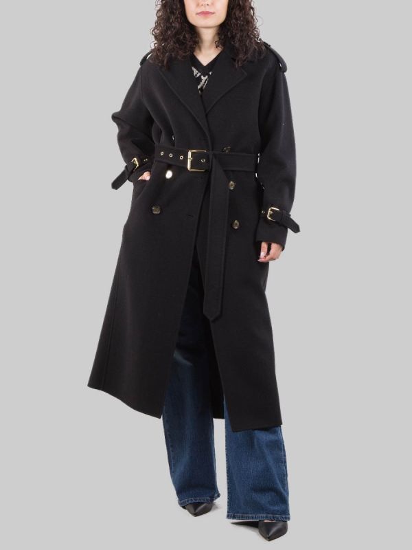 LONG COAT IN BLACK WOOL CLOTH WITH WAIST BELT