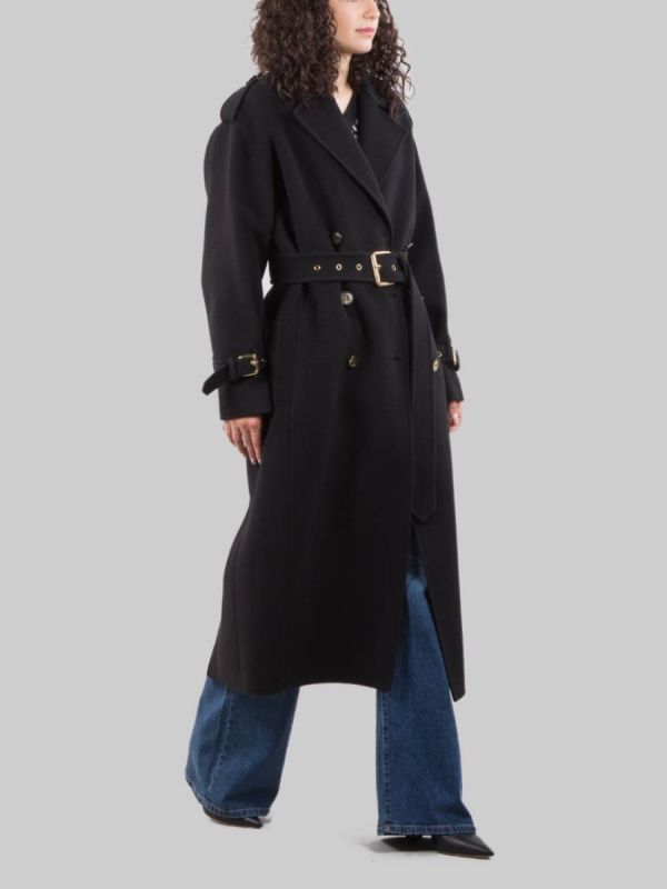 LONG COAT IN BLACK WOOL CLOTH WITH WAIST BELT