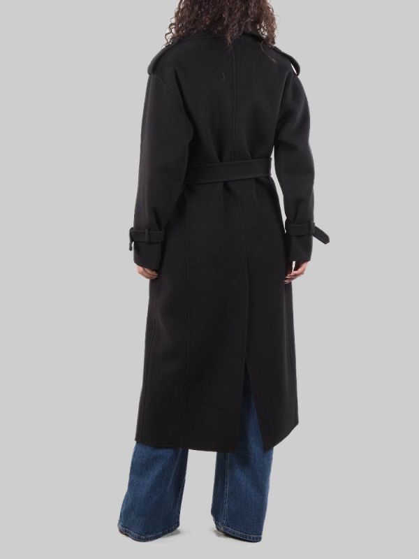 LONG COAT IN BLACK WOOL CLOTH WITH WAIST BELT