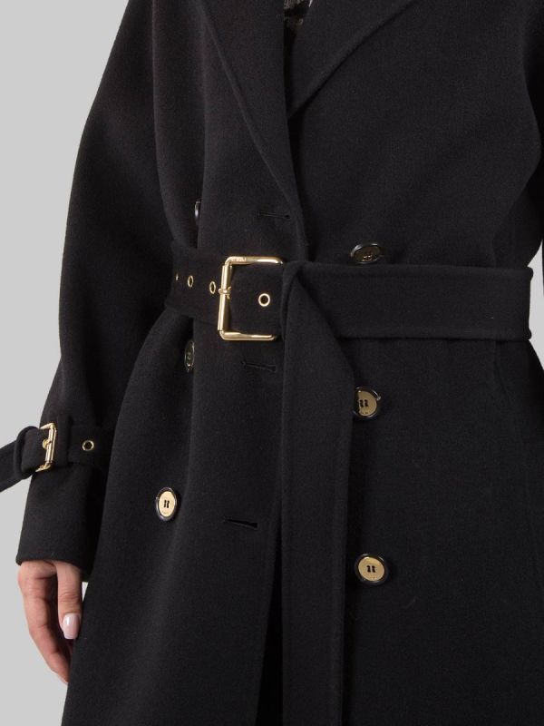 LONG COAT IN BLACK WOOL CLOTH WITH WAIST BELT