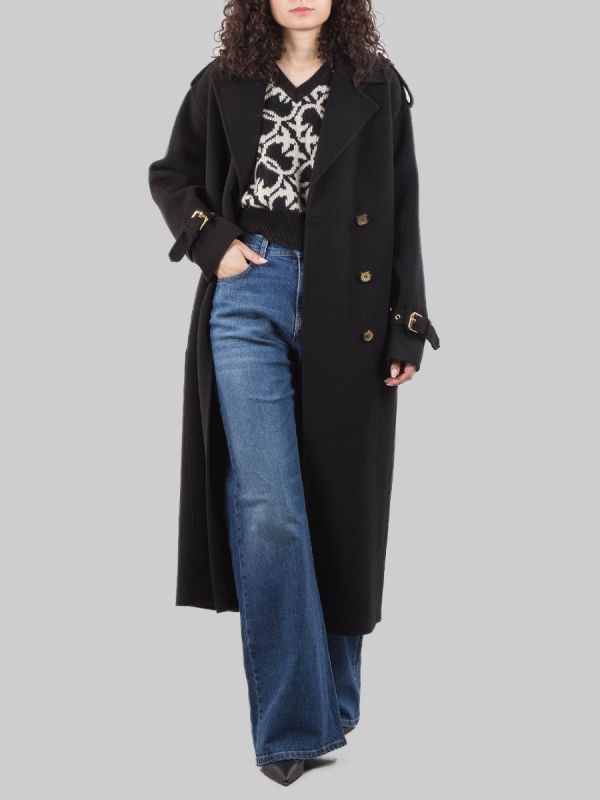 LONG COAT IN BLACK WOOL CLOTH WITH WAIST BELT