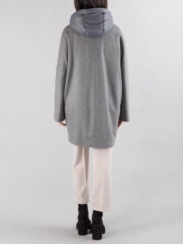 CAPPOTTO OVERSIZE IN PANNO GRIGIO CON IMBOTTITURA PARZIALE E CAPPUCCIO