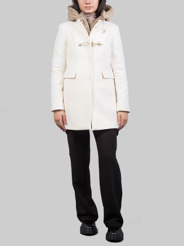 CAPPOTTO TOGGLE IN LANA E TESSUTO TECNICO BIANCO PANNA CON CAPPUCCIO