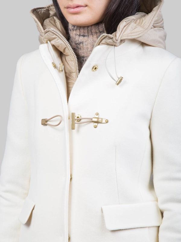 CAPPOTTO TOGGLE IN LANA E TESSUTO TECNICO BIANCO PANNA CON CAPPUCCIO