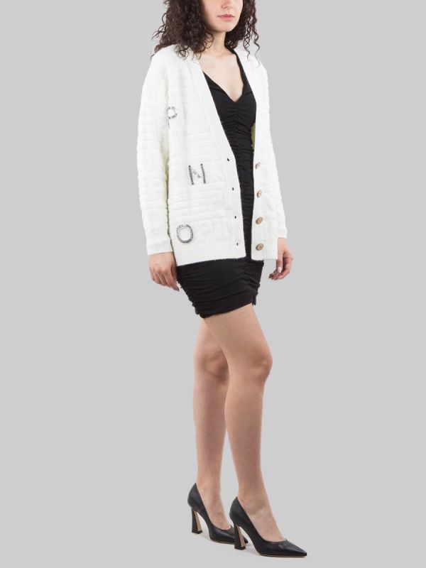 DEER CARDIGAN IN SOFT SPONGE EFFECT FABRIC WITH APPLIED STONES AND RHINESTONES