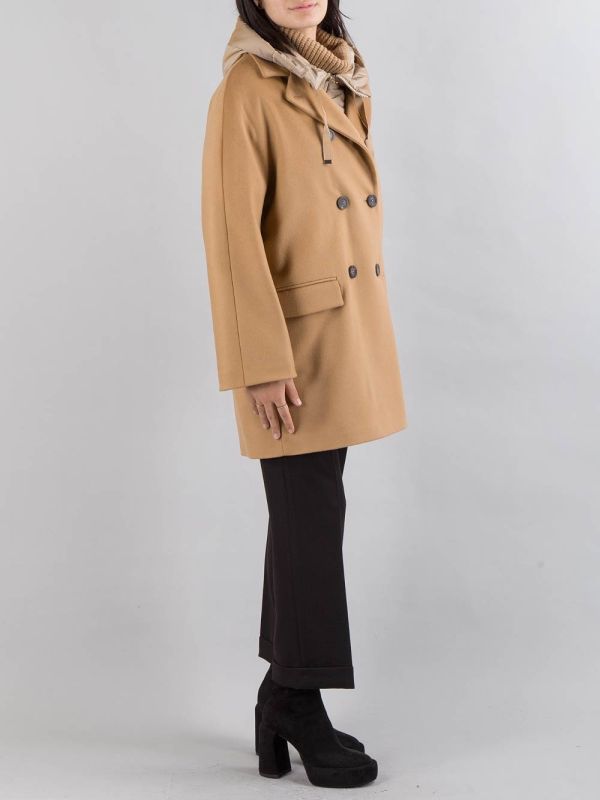 CAPPOTTO OVERSIZE IN PANNO CAMMELLO CON IMBOTTITURA PARZIALE E CAPPUCCIO