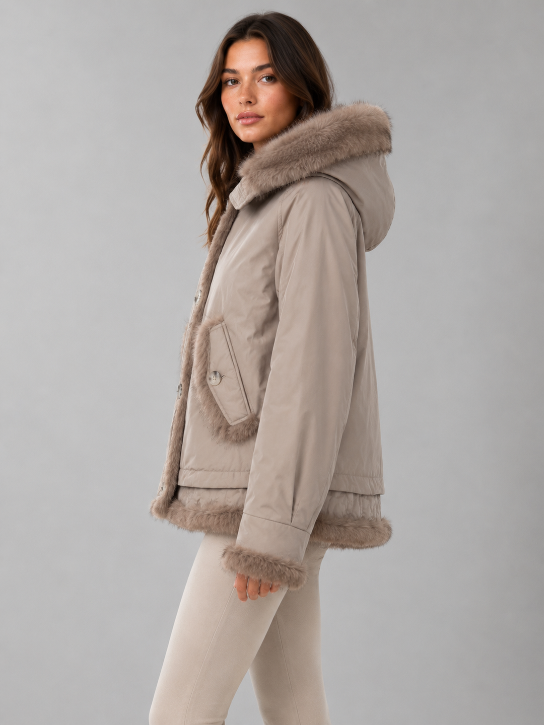 Giubbetto beige con dettagli in ecopelliccia