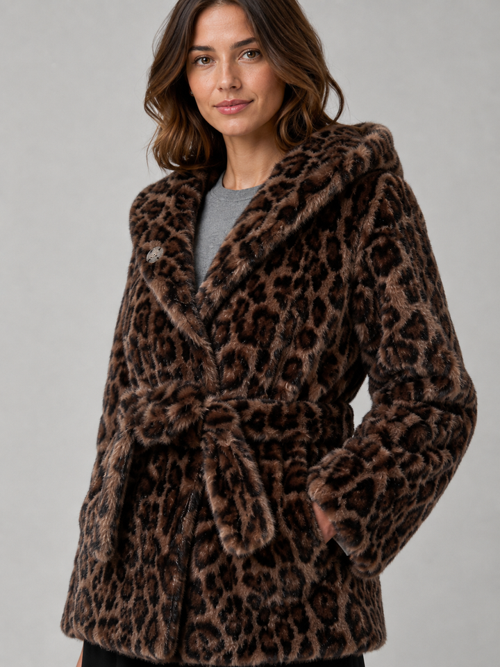 Giacca in eco pelliccia leopardata cin cintura
