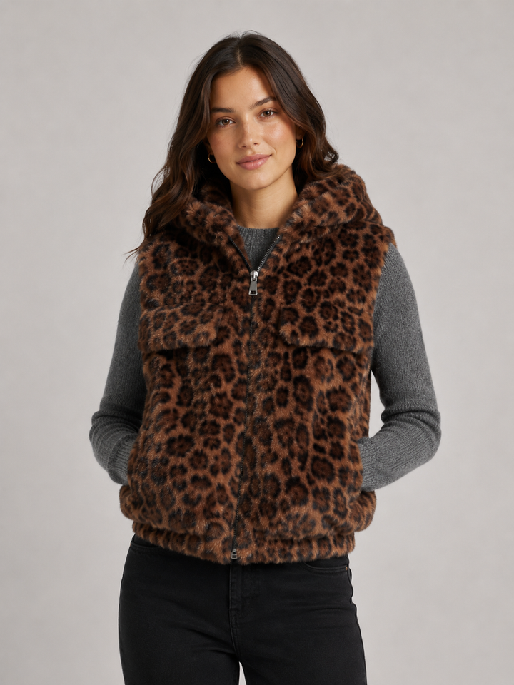 Gilet in Eco Pelliccia Leopardata con Cappuccio