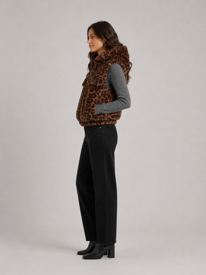 Gilet in Eco Pelliccia Leopardata con Cappuccio
