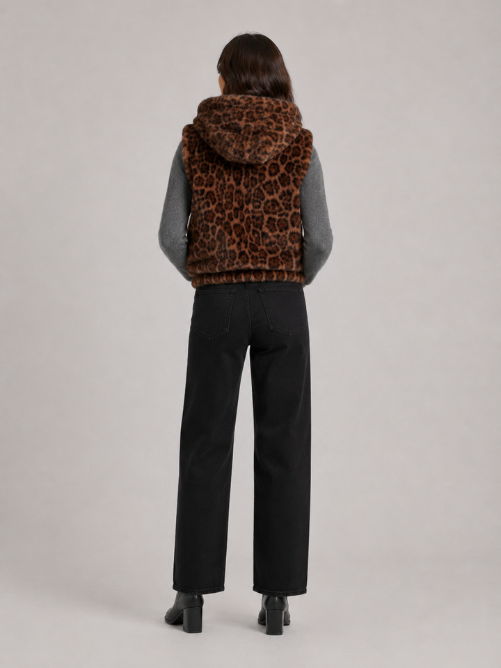 Gilet in Eco Pelliccia Leopardata con Cappuccio