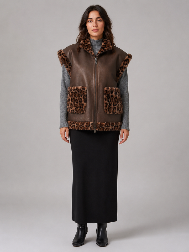 Gilet reversibile in Eco Pelliccia Leopardata