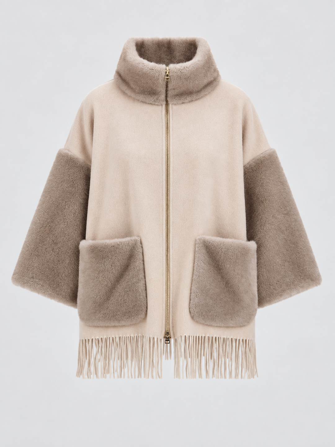Poncho in cashmere con ecopelliccia