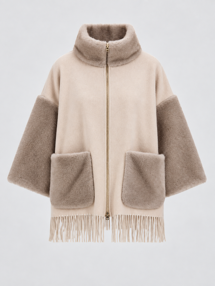 Poncho in cashmere con ecopelliccia